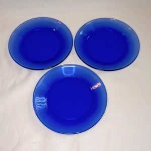 Set of 3 Vintage Cobalt Blue Glass Plates Salad/Appetizer/Snack Retro- 7 3/8 in.